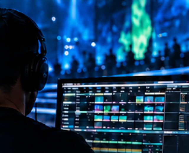 Operador de Resolume criando conteúdo em evento